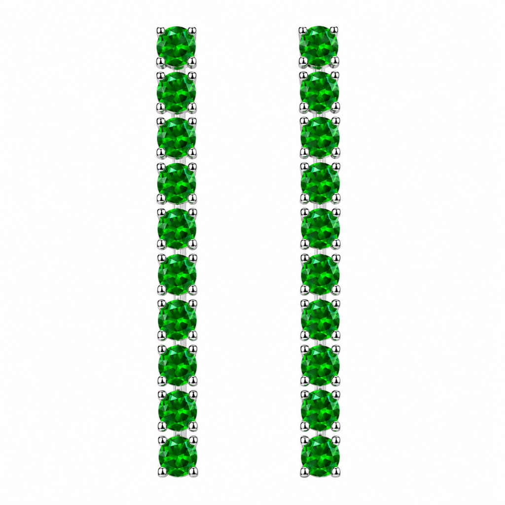 Macro view of 3mm round green chrome diopside gemstones in Phimsera sterling silver dangle earrings