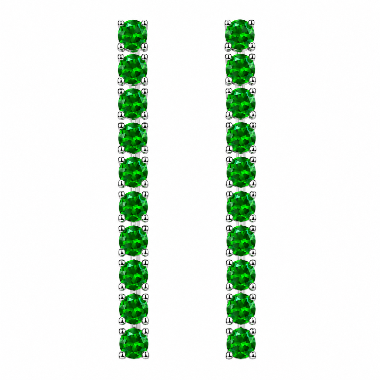 Macro view of 3mm round green chrome diopside gemstones in Phimsera sterling silver dangle earrings