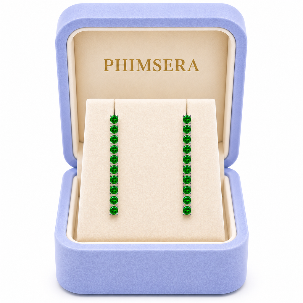 Phimsera 3mm round natural green chrome diopside dangle earrings presented inside a Phimsera jewelry box