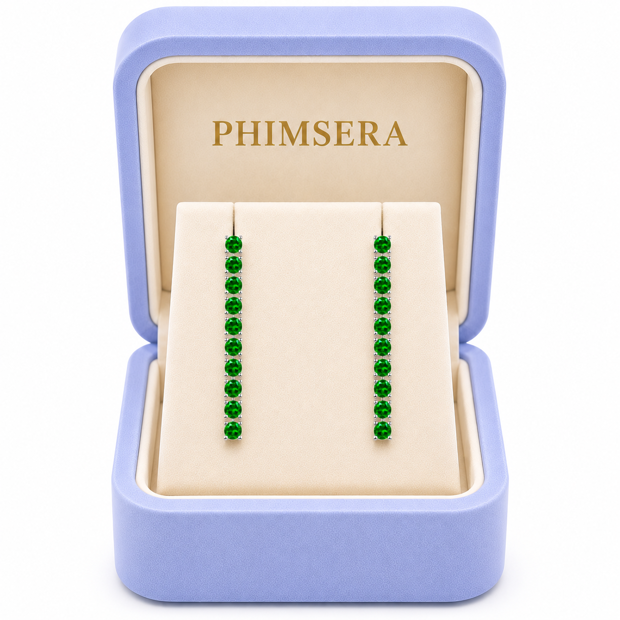 Phimsera 3mm round natural green chrome diopside dangle earrings presented inside a Phimsera jewelry box