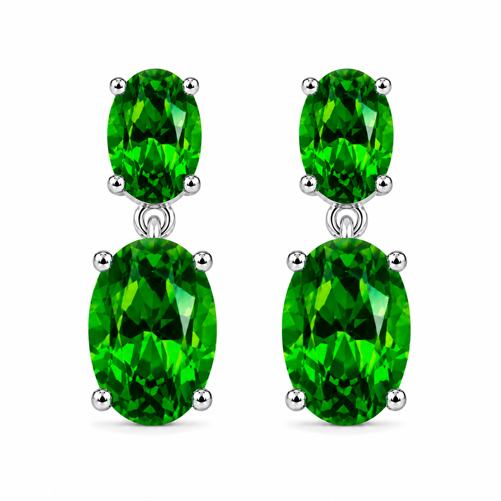Natural Chrome Diopside dangle earrings with 8x10mm and 4x6mm oval green gemstones