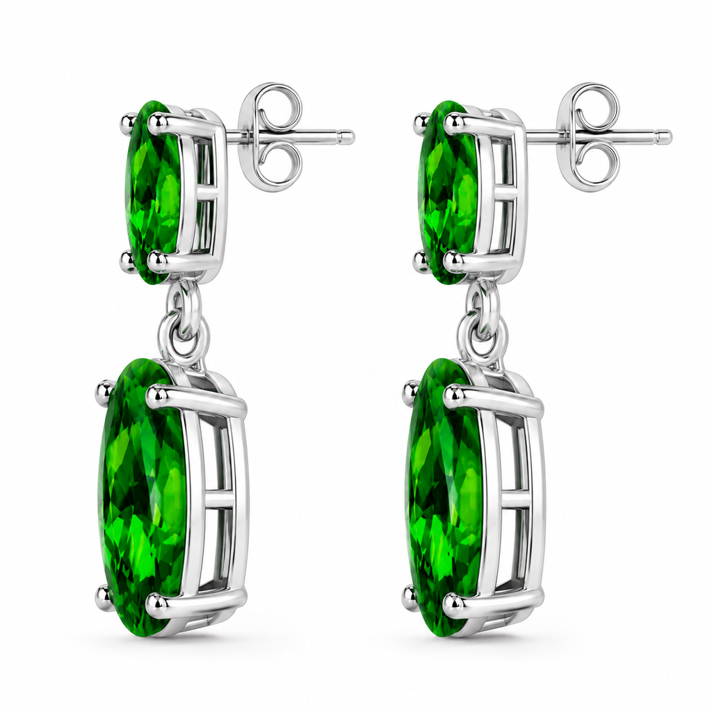Chrome Diopside double-drop earrings shown from the side