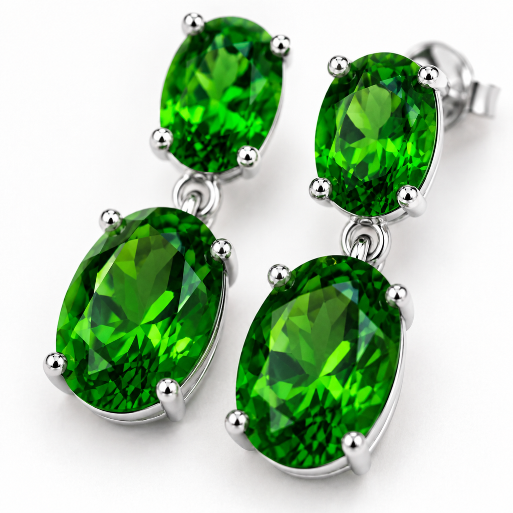 Close-up of faceted natural Chrome Diopside gemstones in sterling silver settings