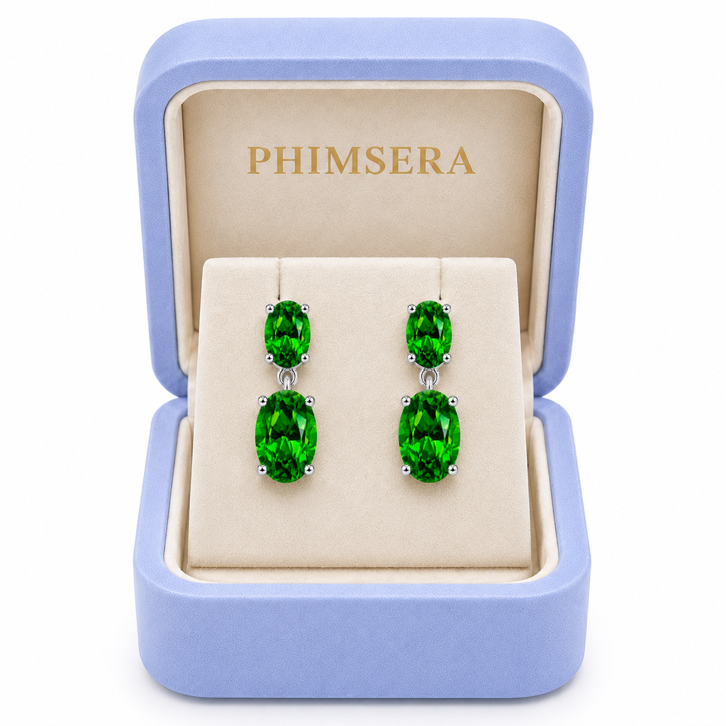 Phimsera Natural Chrome Diopside dangle earrings presented in a jewelry box
