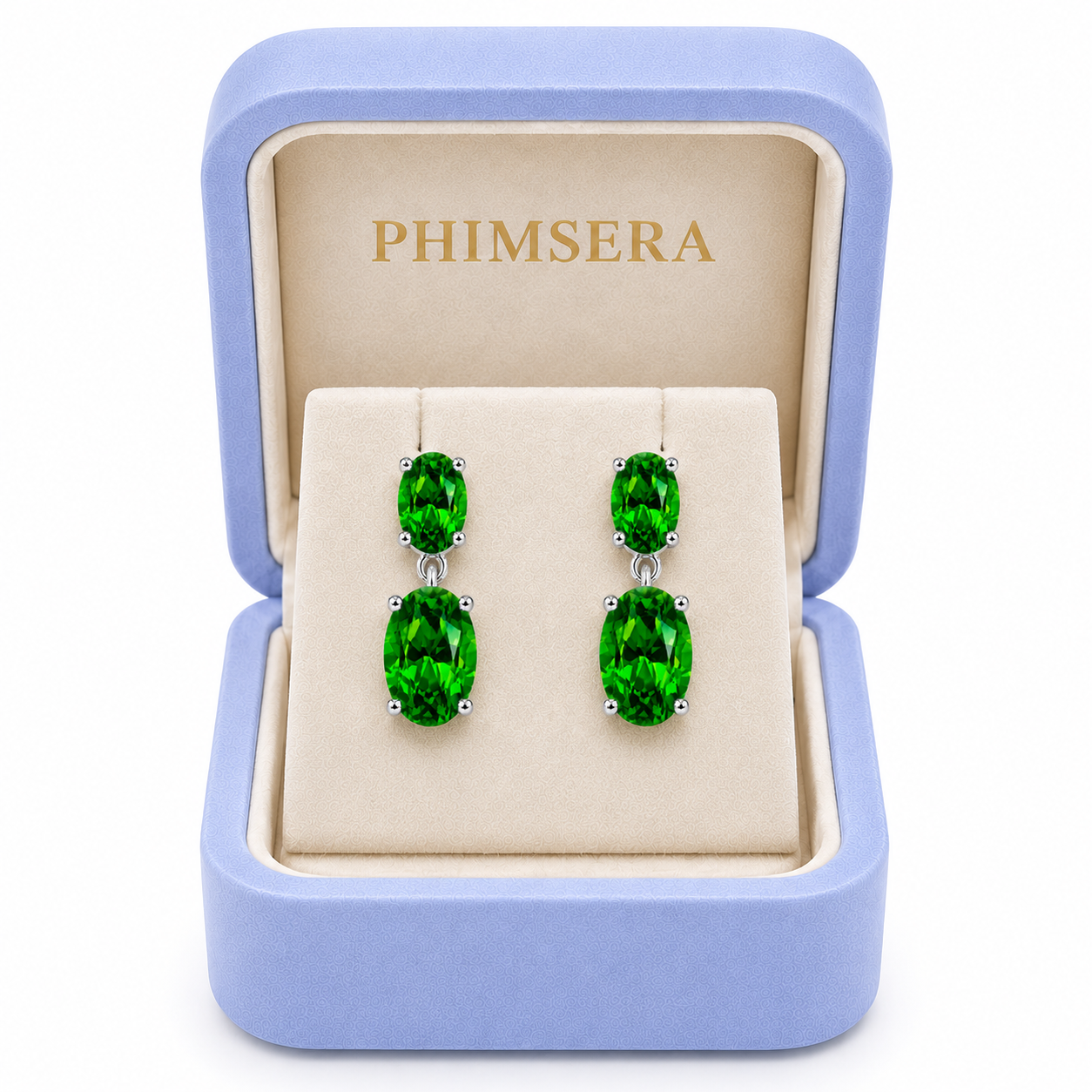 Phimsera Natural Chrome Diopside dangle earrings presented in a jewelry box