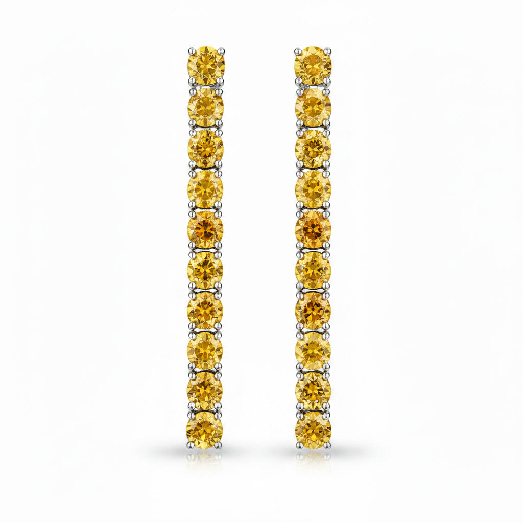 Front view of long 3mm round citrine dangle earrings with 20 natural golden gemstones per pair