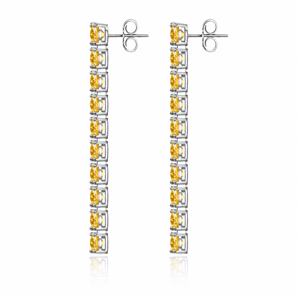 Side view of Phimsera natural citrine dangle earrings showing the elongated vertical gemstone design and sterling silver settings