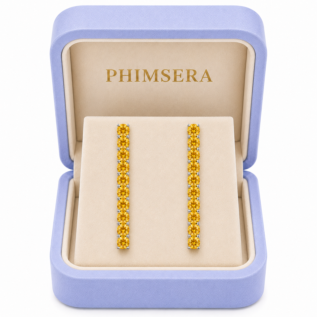Phimsera 3mm natural citrine dangle earrings with 10 gemstones per earring displayed in a luxury lavender and cream jewelry box