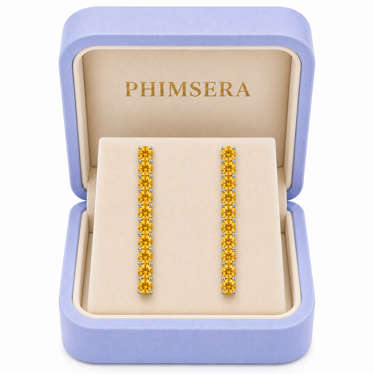 Phimsera 3mm natural citrine dangle earrings with 10 gemstones per earring displayed in a luxury lavender and cream jewelry box