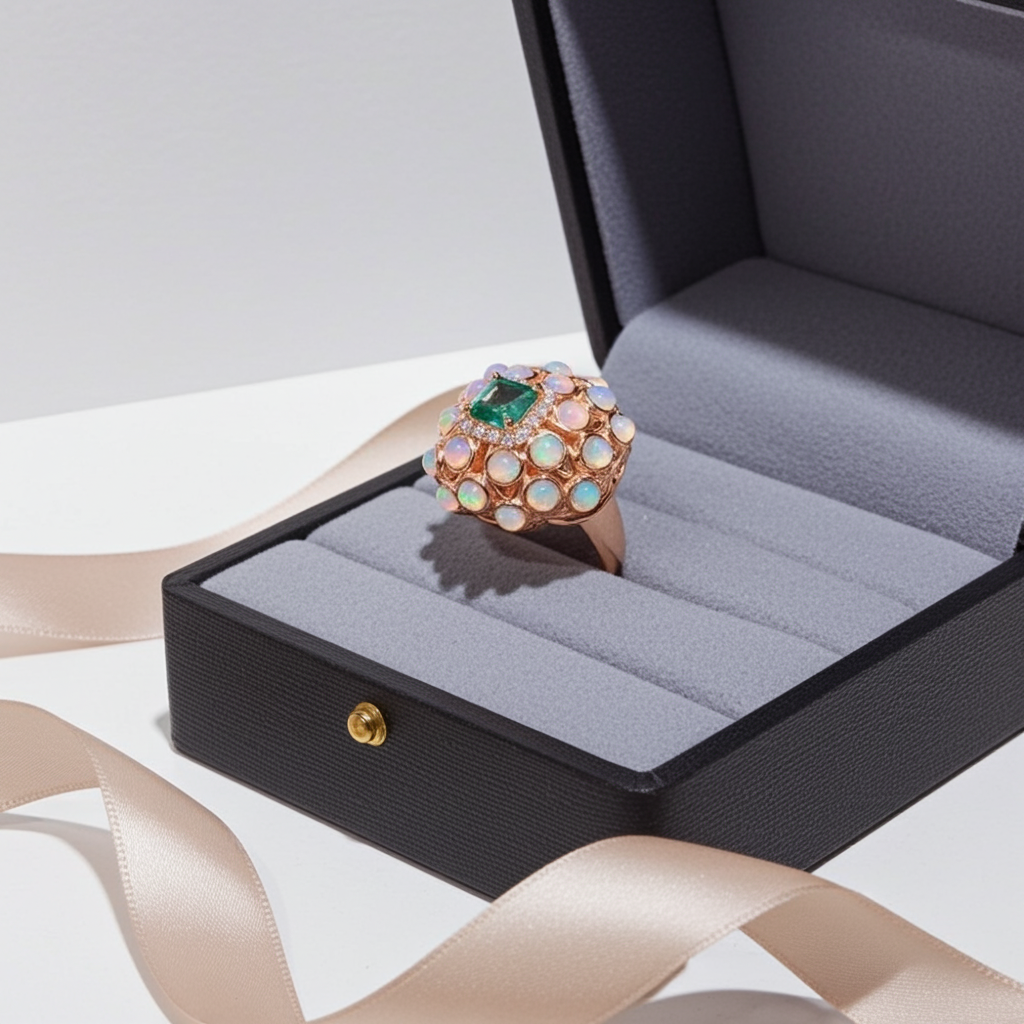 Fire Opal and Colombian Emerald Gemstone Statement Ring