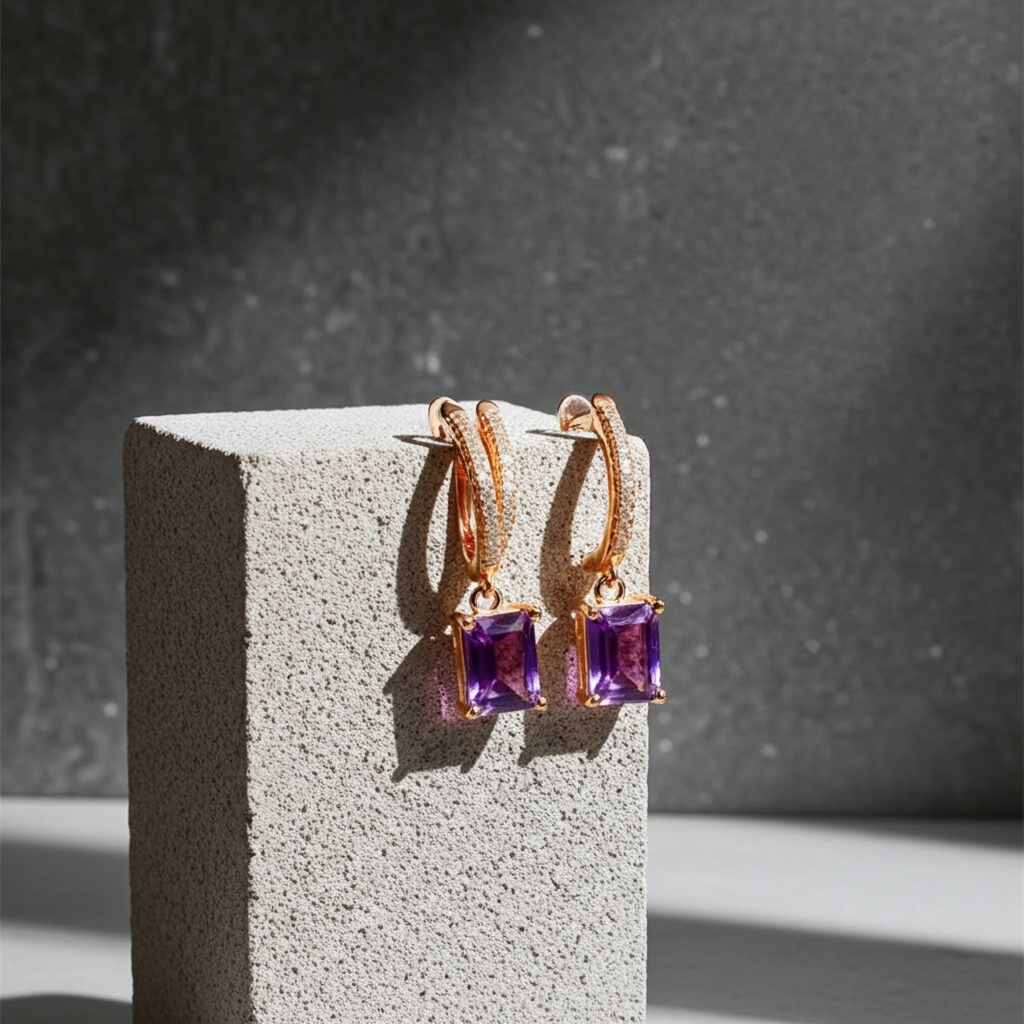 1CT Natural Emerald Cut Amethyst Gemstone Earrings