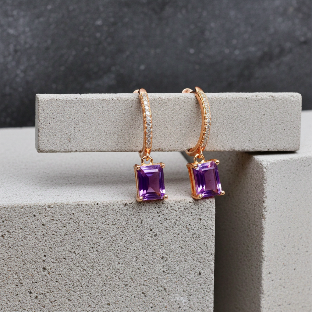 1CT Natural Emerald Cut Amethyst Gemstone Earrings