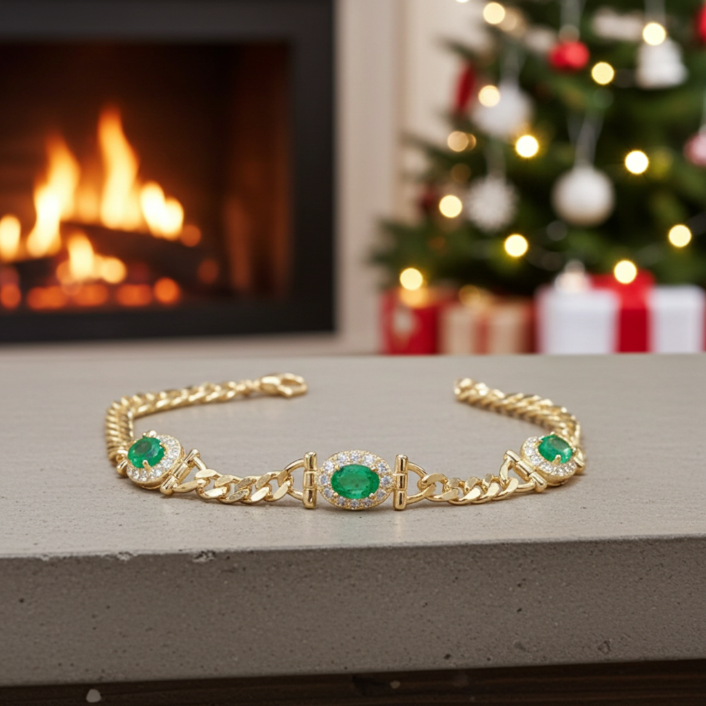 Natural Emerald Cuban Chain Bracelet VVS Grade 4x6mm