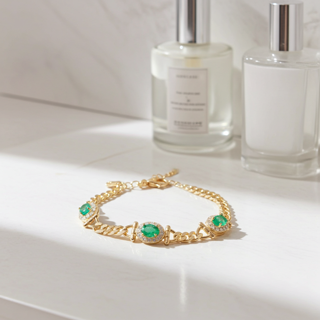 Natural Emerald Cuban Chain Bracelet VVS Grade 4x6mm