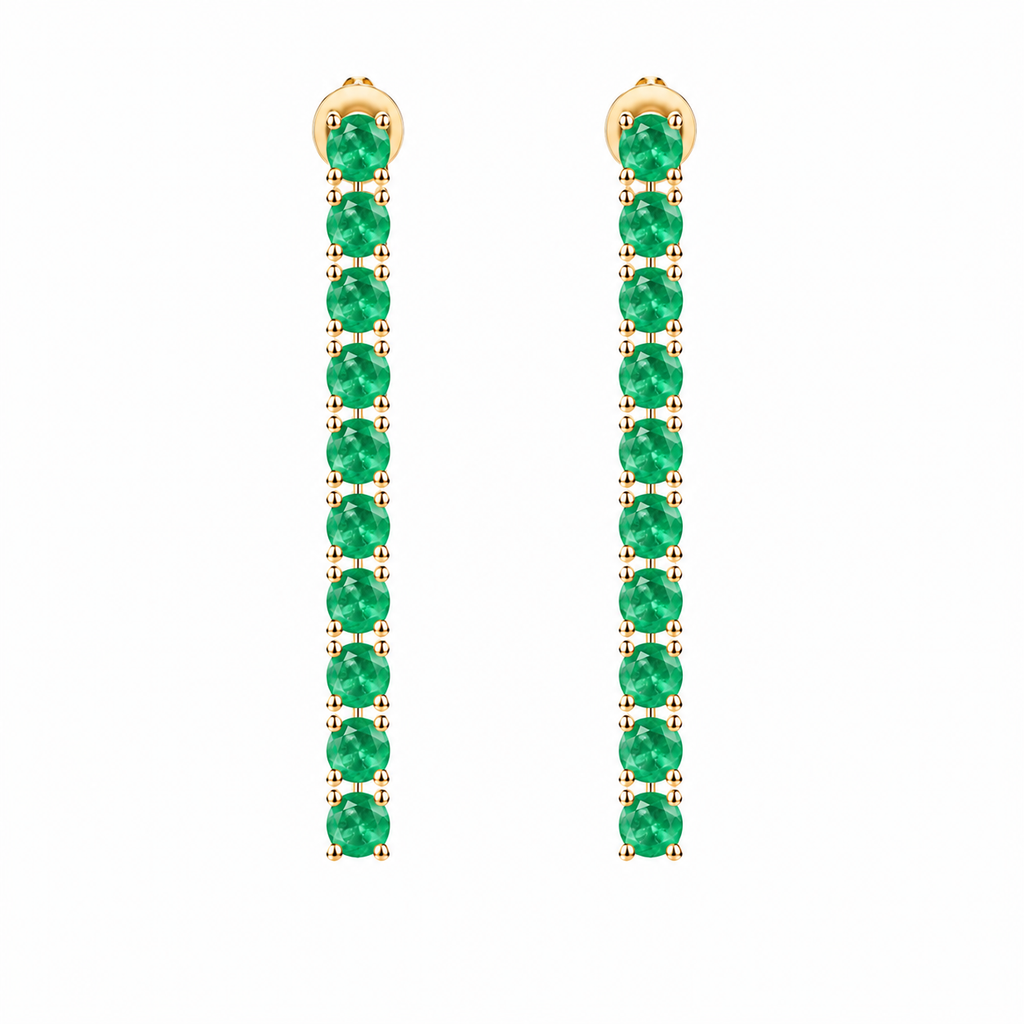Front view of long 3mm round emerald dangle earrings with 20 natural green emerald gemstones per pair