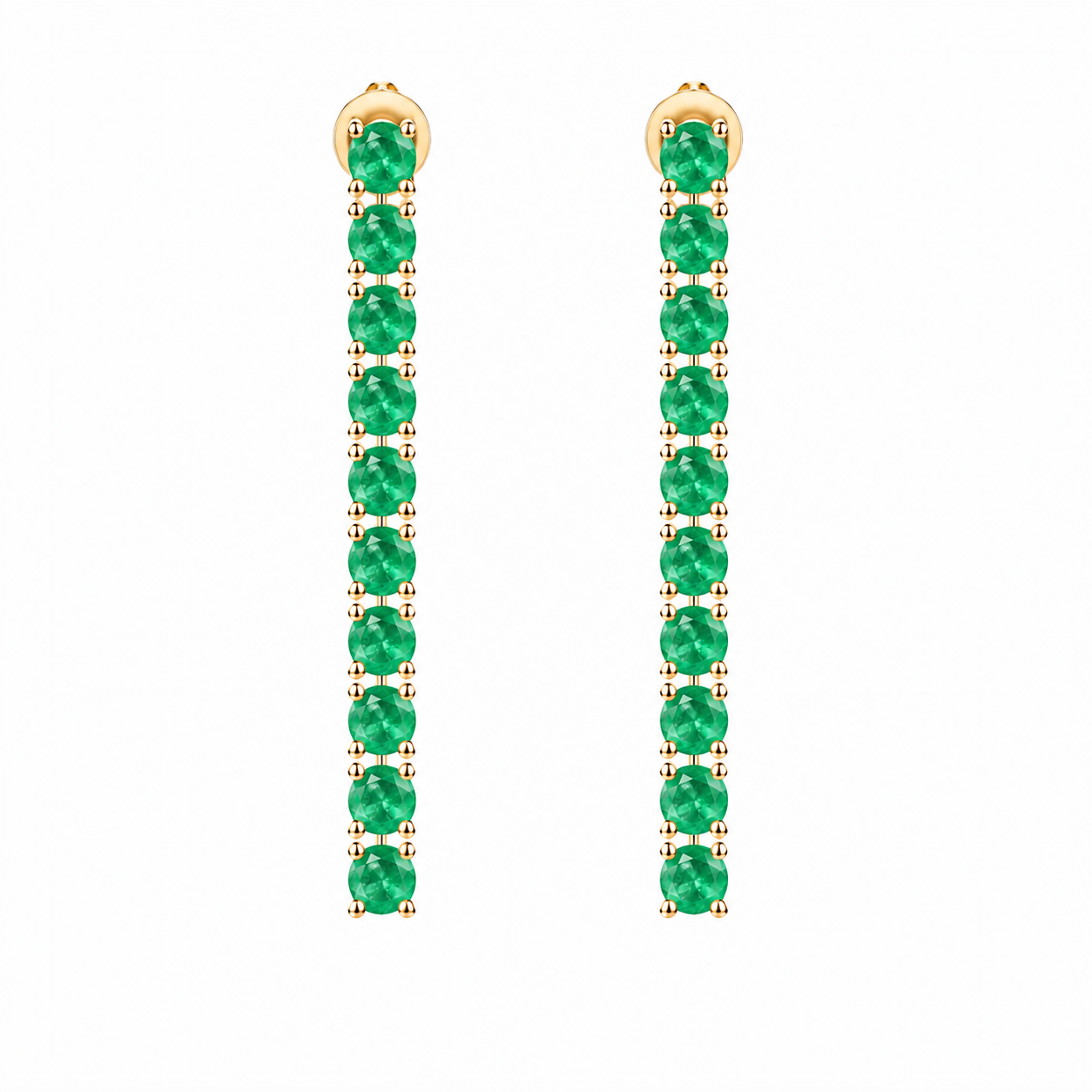 Front view of long 3mm round emerald dangle earrings with 20 natural green emerald gemstones per pair