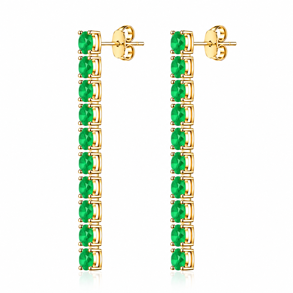 Side view of Phimsera natural emerald dangle earrings showing the elongated vertical gemstone design and sterling silver settings