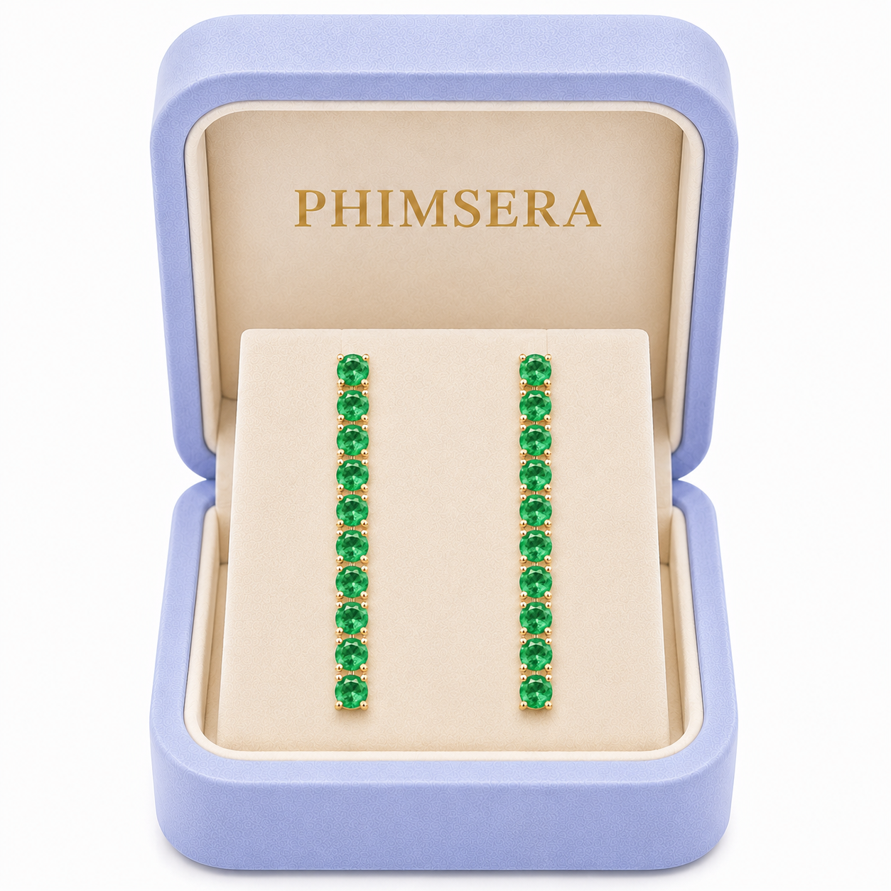 Phimsera 3mm round natural green emerald dangle earrings presented inside a Phimsera jewelry box