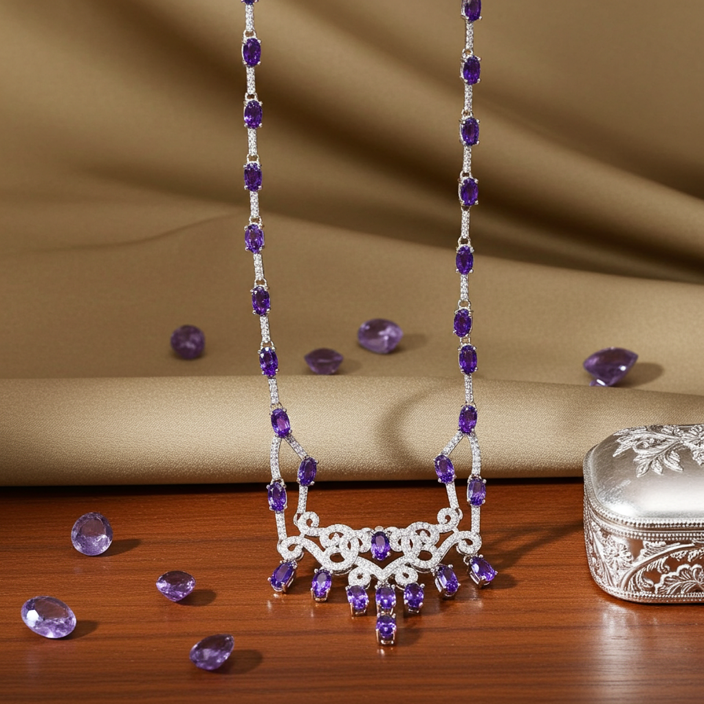 Purple Amethyst Statement Necklace, Natural Amethyst Gemstone Necklace 925