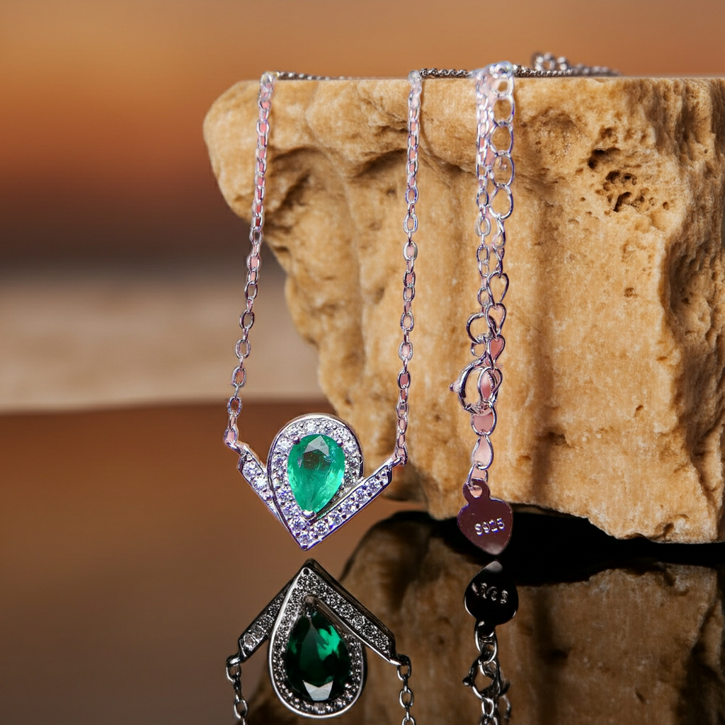Natural Emerald Teardrop Pendant Necklace 5x7mm
