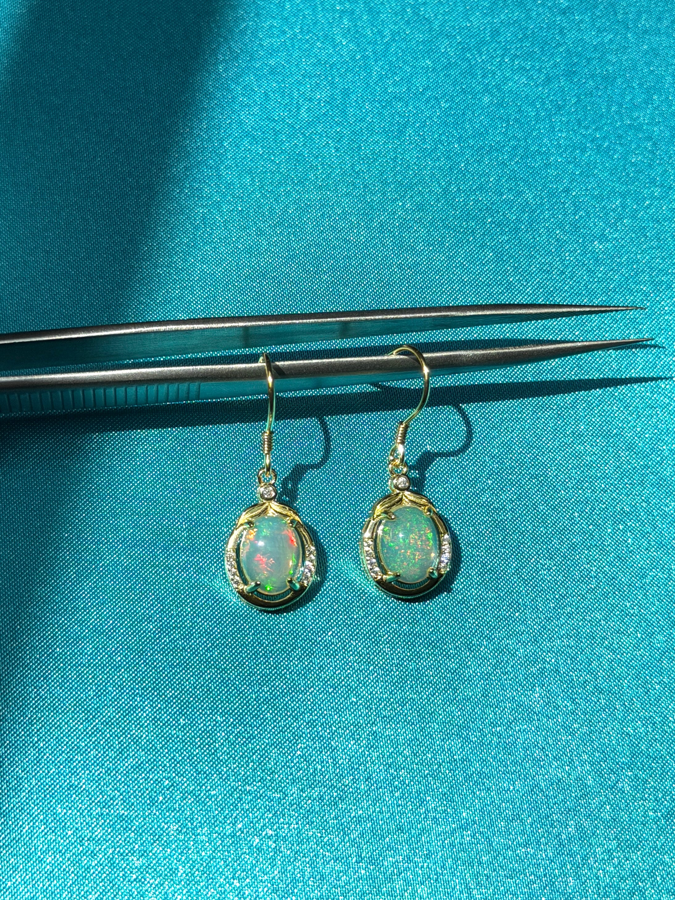 Natural Fire Opal Dangle Earrings, Colorful Large Fire Opal Earrings 7x9mm