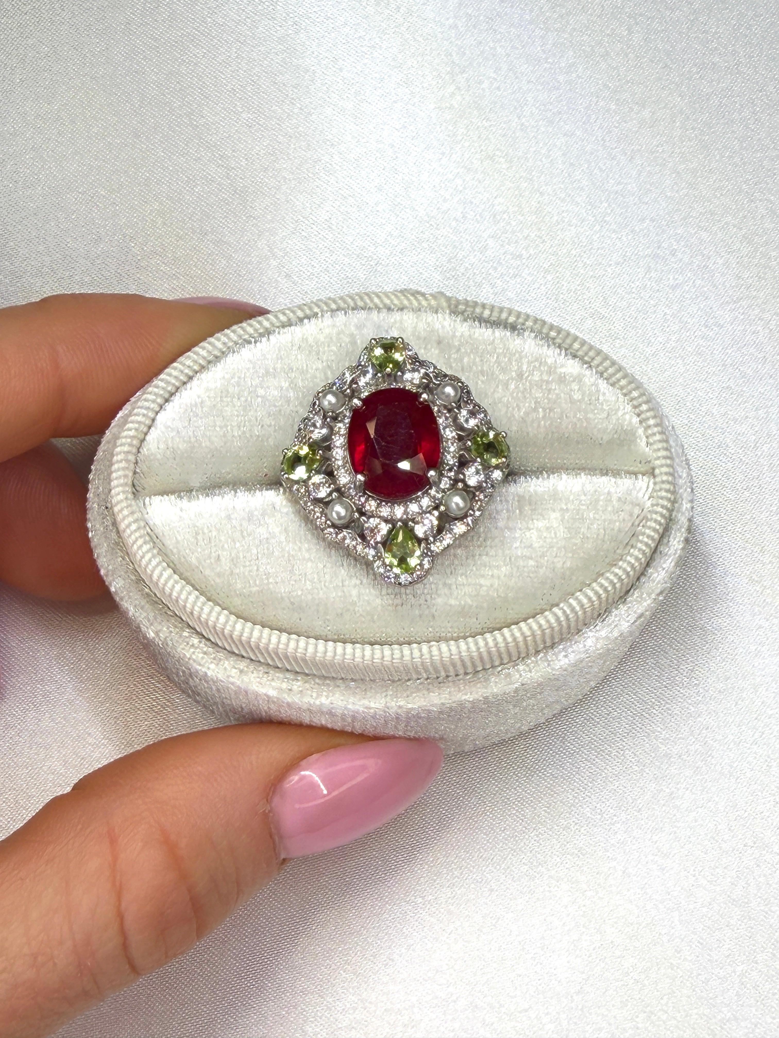 Natural Burma Ruby and Peridot Gemstone Statement Ring