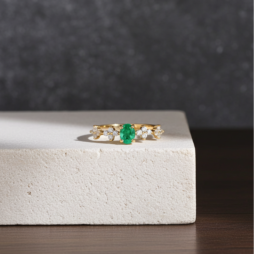 Dainty Emerald Floral Band Ring, Emerald Engagement Ring 4x5mm