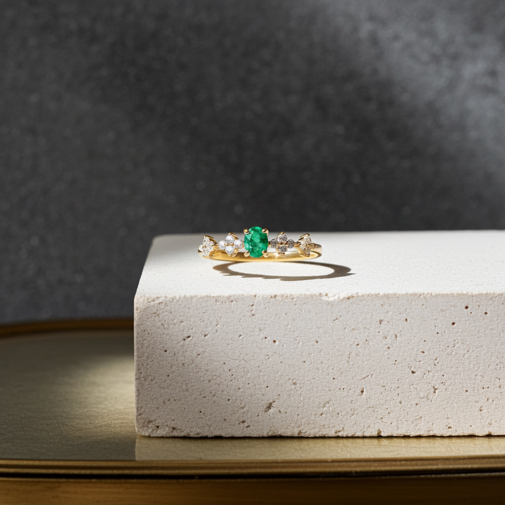 Dainty Emerald Floral Band Ring, Emerald Engagement Ring 4x5mm