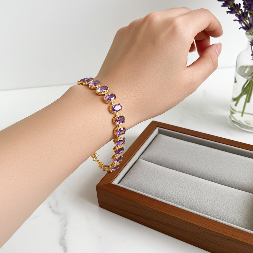 Natural Amethyst Tennis Bracelet 925 Sterling Silver VVS Grade 4x6mm