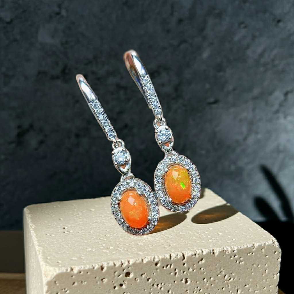 Mexican Orange Fire Opal Dangle Earrings 4x6mm 925 Sterling Silver