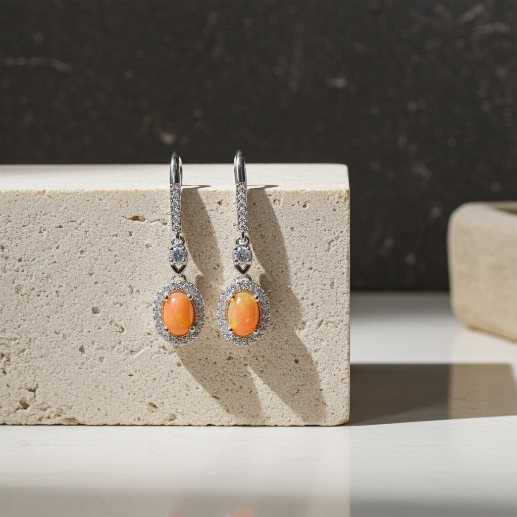 Mexican Orange Fire Opal Dangle Earrings 4x6mm 925 Sterling Silver