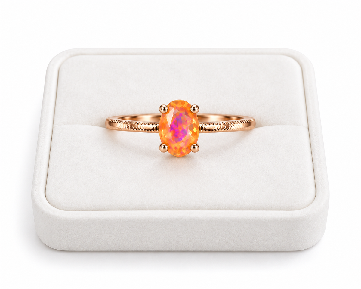 A rose gold ring with an oval iridescent orange gemstone, presented in a white square jewelry box on a white background.