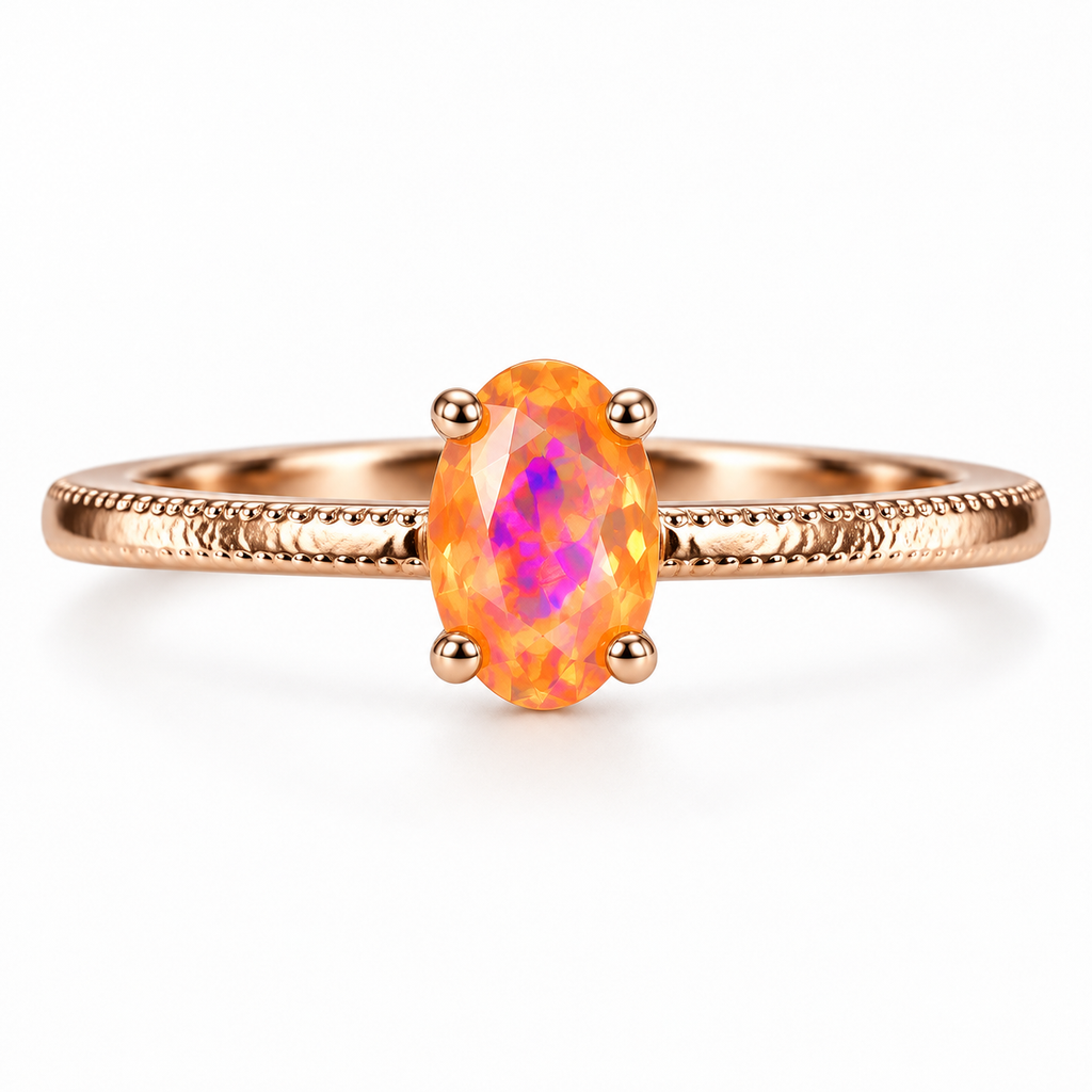 A rose gold ring featuring an oval-cut opal gemstone with vibrant orange, pink, and yellow iridescent colors, set against a clean white background.