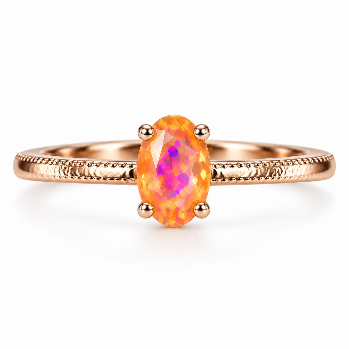 A rose gold ring featuring an oval-cut opal gemstone with vibrant orange, pink, and yellow iridescent colors, set against a clean white background.