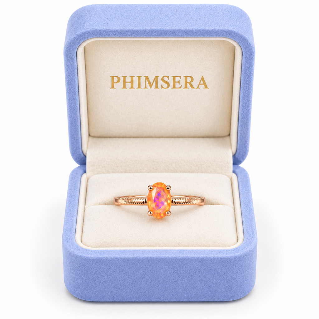 A rose gold ring with an oval iridescent opal center stone, presented in an open light blue velvet ring box with a cream interior. The inside lid of the box features the brand name 'PHIMSERA' in gold lettering.