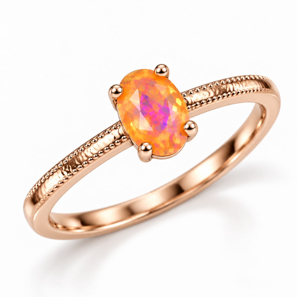 A rose gold ring featuring an oval-cut opal gemstone with vibrant orange, pink, and blue iridescent play-of-color, set on a polished band with a textured rope detail.