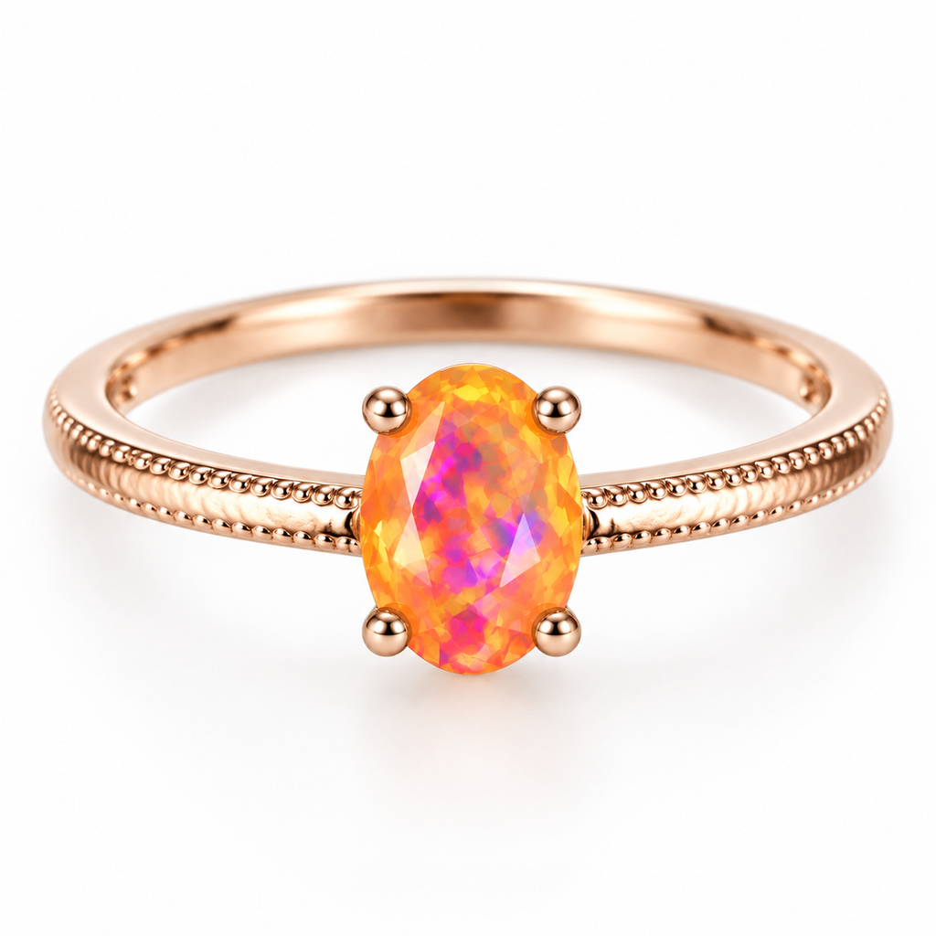 A rose gold ring featuring an oval-cut opal gemstone with vibrant orange, yellow, and purple iridescent colors, set on a textured band against a clean white background.
