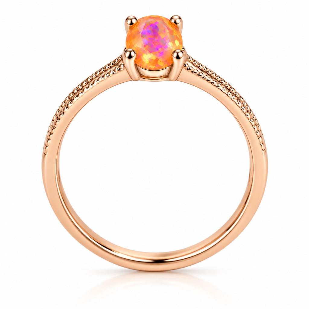 A rose gold ring with a round brilliant-cut opal gemstone showing vibrant orange, pink, and blue flashes, set on a textured rose gold band against a white background.
