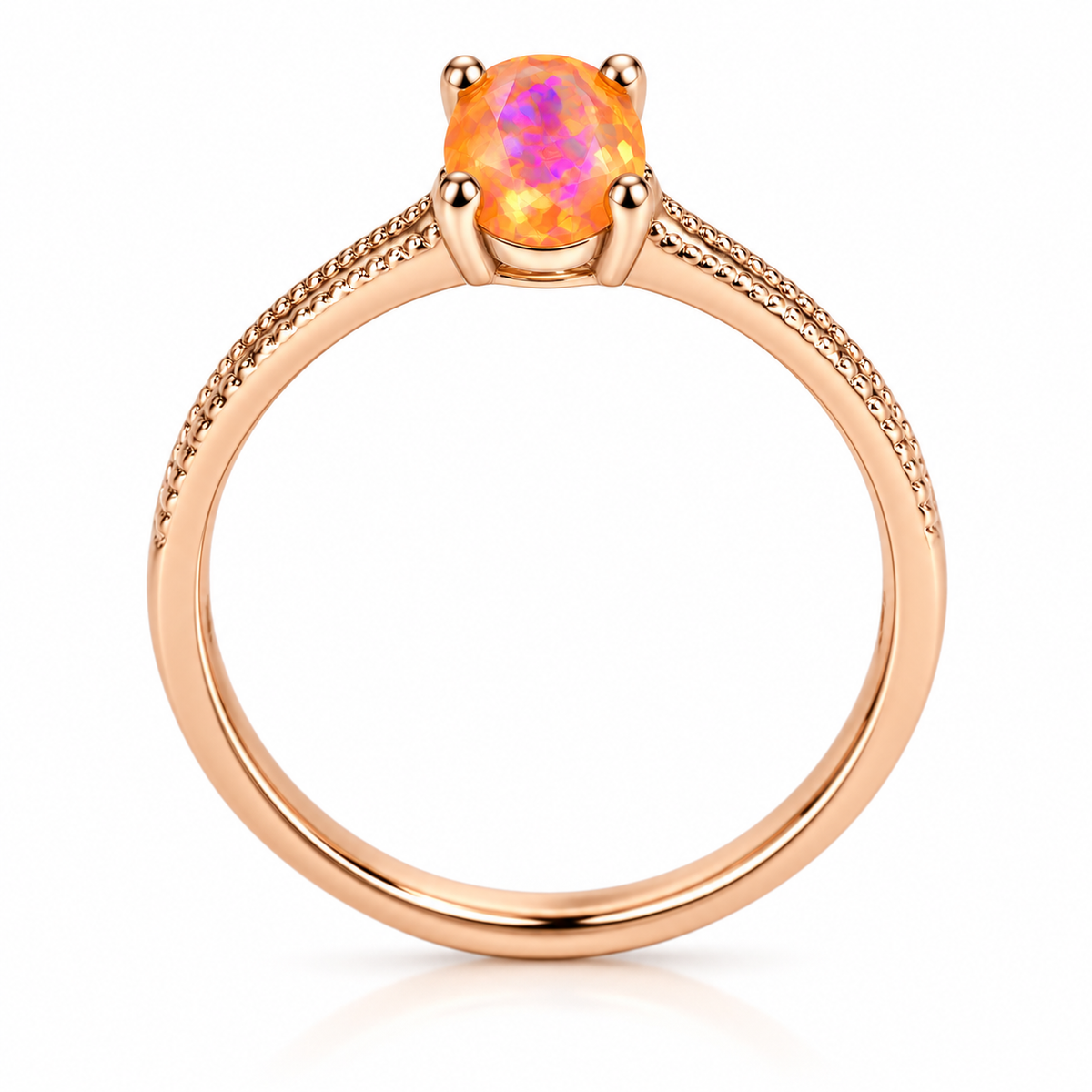 A rose gold ring with a round brilliant-cut opal gemstone showing vibrant orange, pink, and blue flashes, set on a textured rose gold band against a white background.