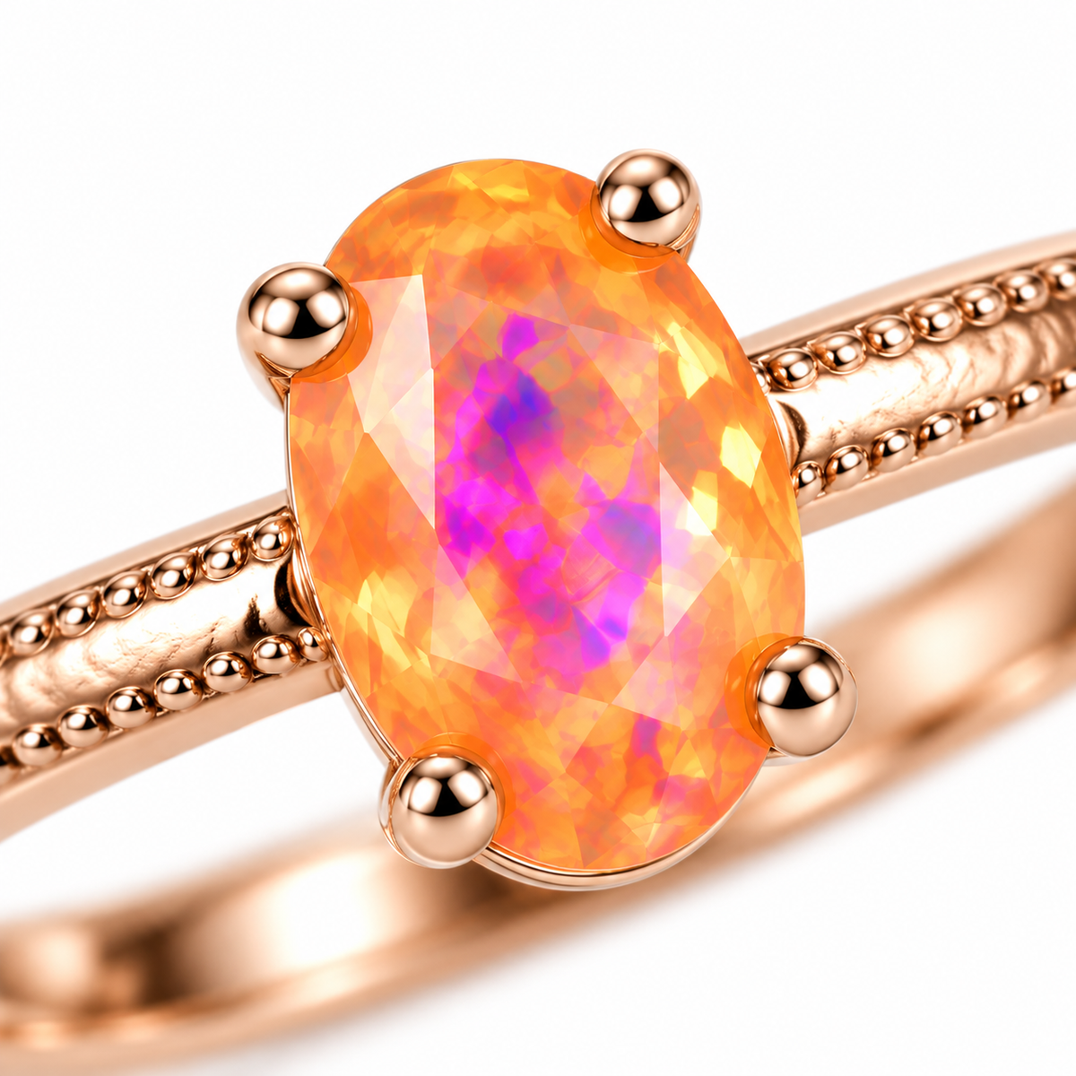 A close-up shot of a rose gold ring featuring an oval-cut opal gemstone with vibrant orange, pink, and purple play-of-color, set in a four-prong setting on a decorative double-band ring.
