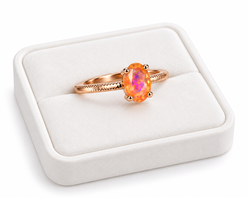 A rose gold ring with an oval orange opal gemstone, presented in a white velvet ring box on a white background.