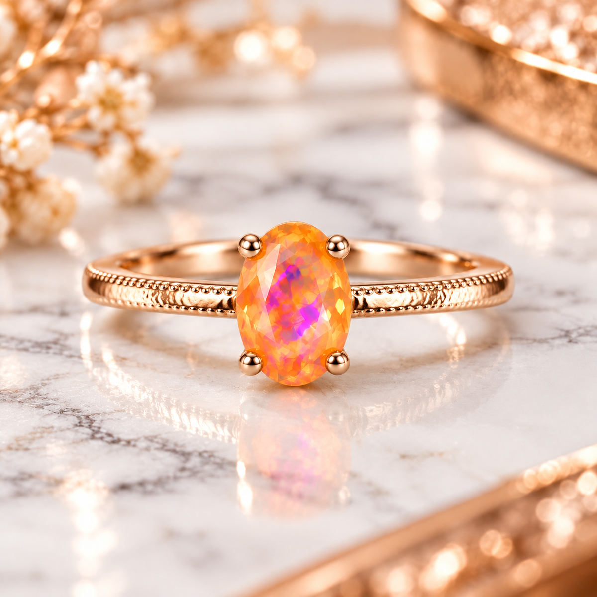 A rose gold ring featuring an oval-cut orange opal gemstone with vibrant pink and purple play-of-color, displayed on a white marble surface with soft-focus gold accessories.