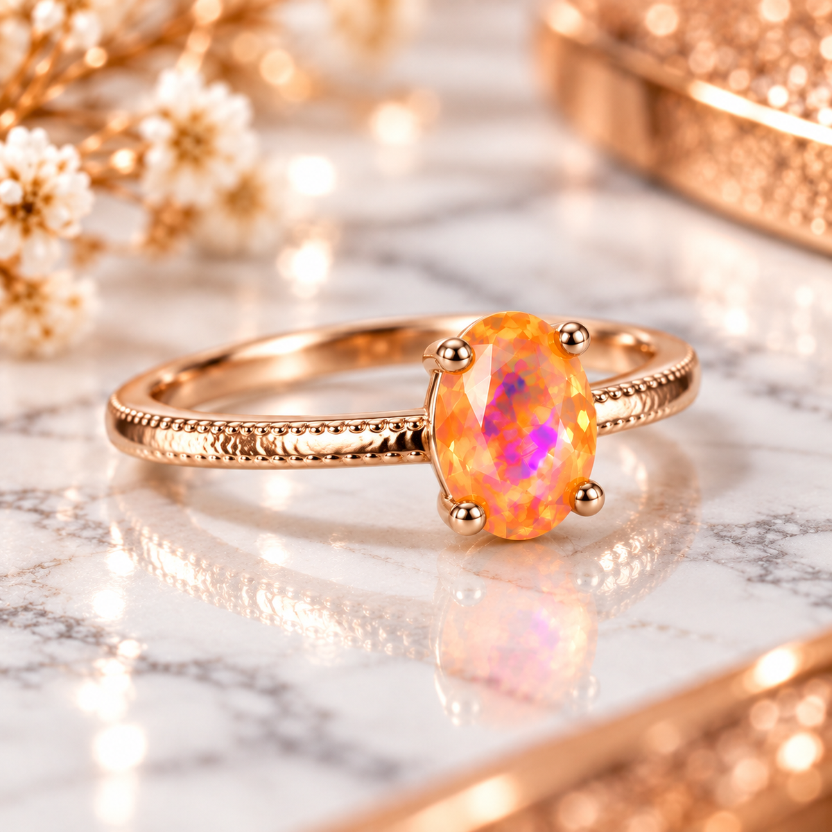 A rose gold ring with an oval faceted opal gemstone displaying vibrant orange, pink, and yellow colors, resting on a white marble surface with decorative dried flowers in the background.