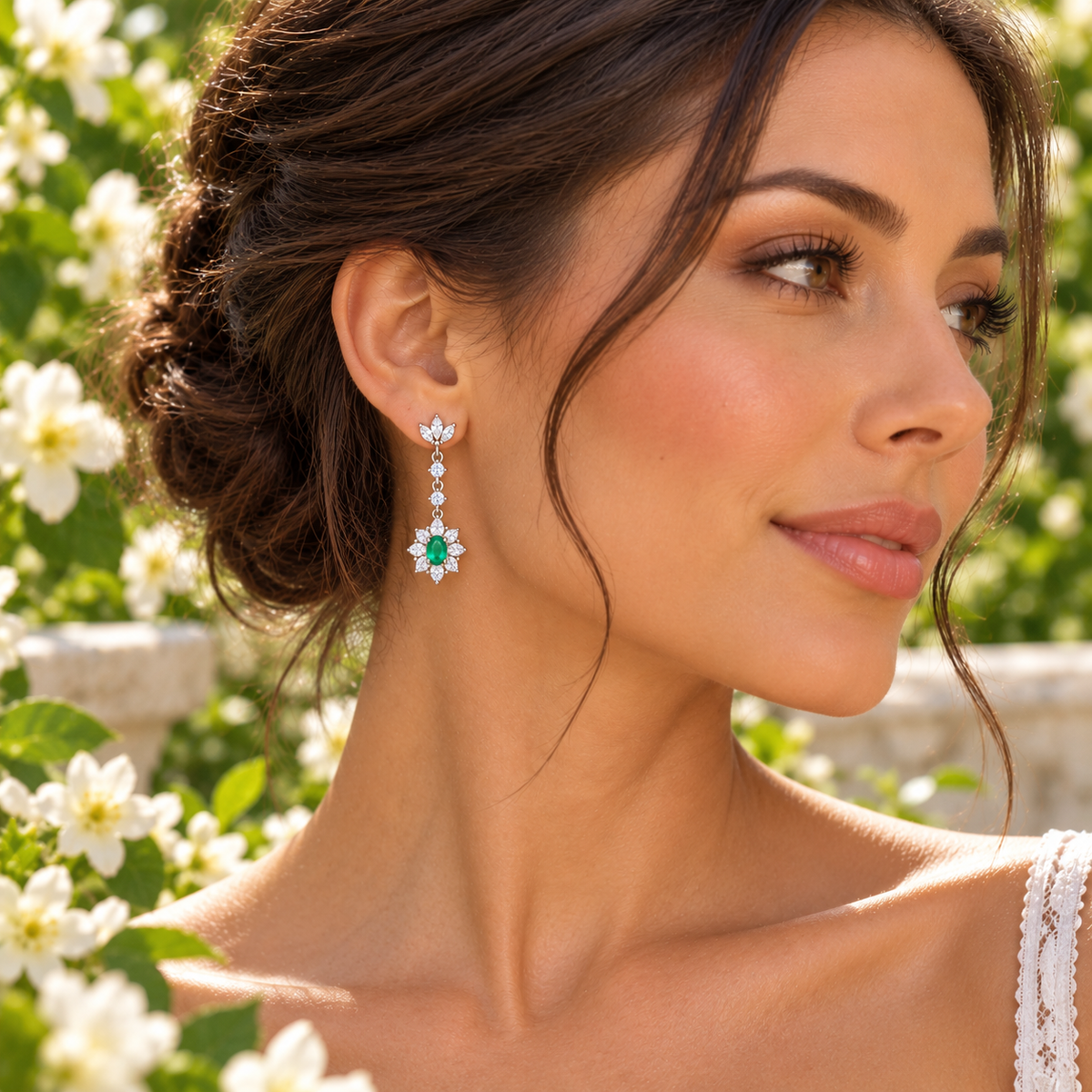 Natural Emerald 4x6mm Oval Floral Halo Dangle Earrings in 925 Sterling Silver with CZ