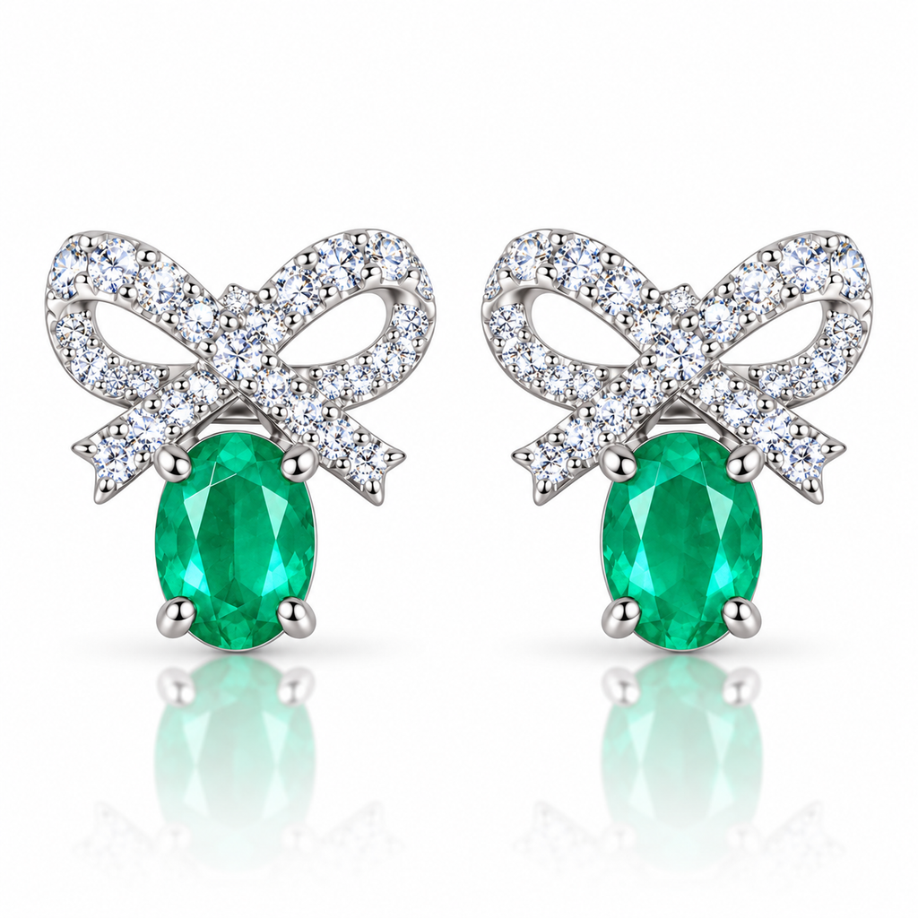 Natural Emerald 4x5mm Oval Bow Stud Earrings in 925 Sterling Silver with CZ