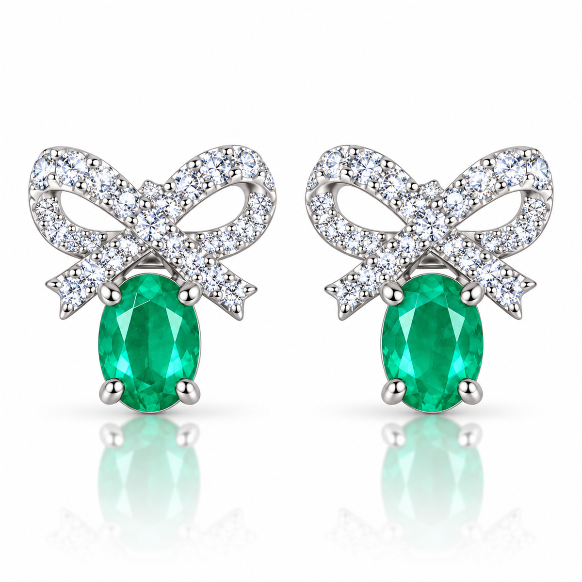 Natural Emerald 4x5mm Oval Bow Stud Earrings in 925 Sterling Silver with CZ