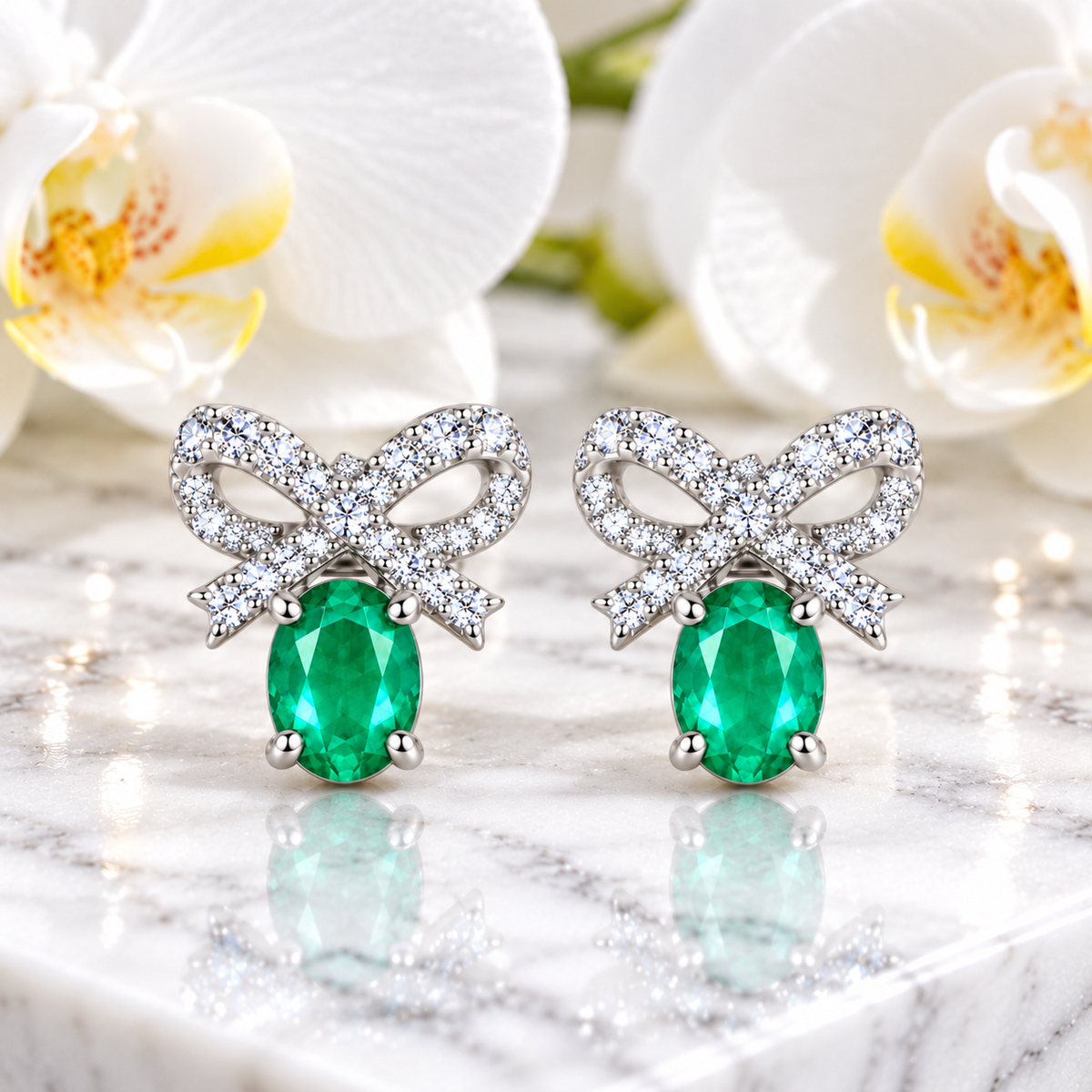 Natural Emerald 4x5mm Oval Bow Stud Earrings in 925 Sterling Silver with CZ