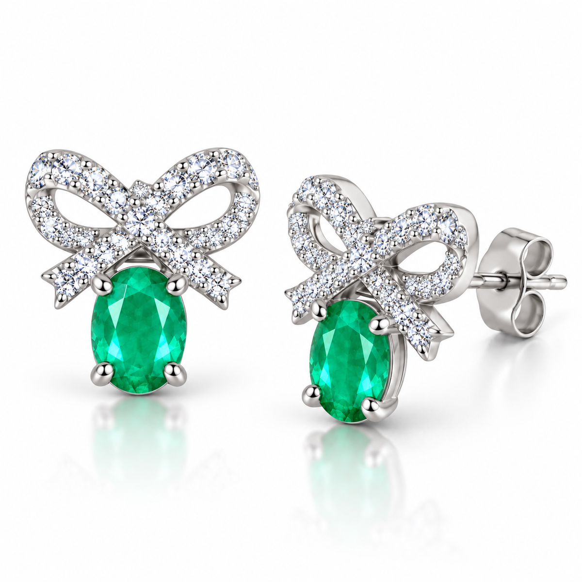 Natural Emerald 4x5mm Oval Bow Stud Earrings in 925 Sterling Silver with CZ