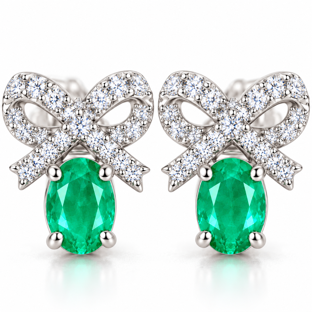 Natural Emerald 4x5mm Oval Bow Stud Earrings in 925 Sterling Silver with CZ