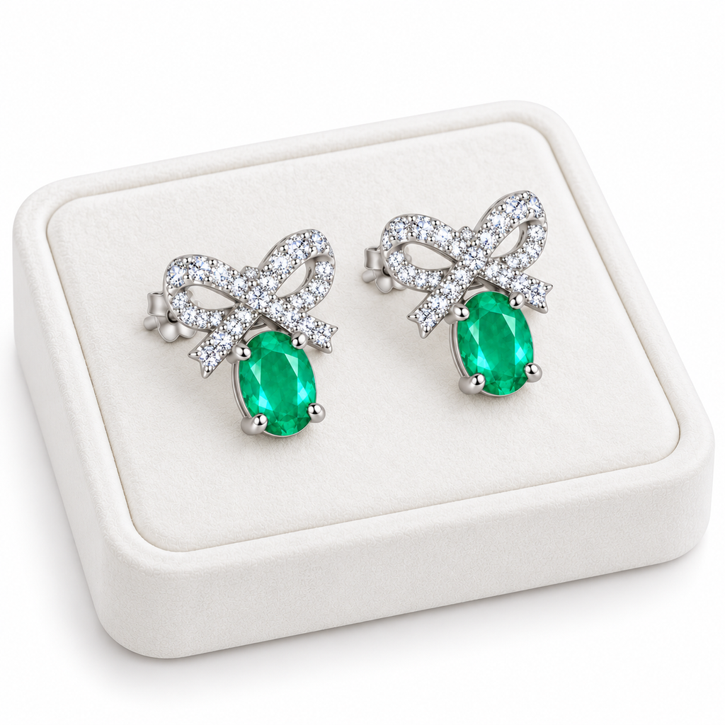 Natural Emerald 4x5mm Oval Bow Stud Earrings in 925 Sterling Silver with CZ
